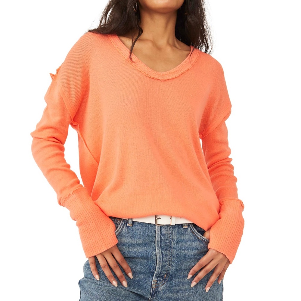 We The Free Orange Colby Long Sleeve Raw Edge Top Size S